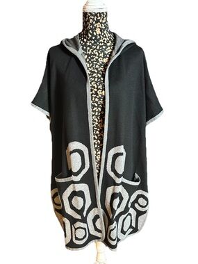 Desigual Black and Gray Hooded Open-Front Poncho Sweater